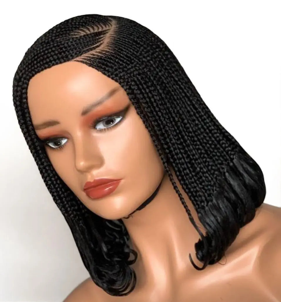 Black C-Cut cornrow wig with thick ends, no lace, lightweight wear-and-go.