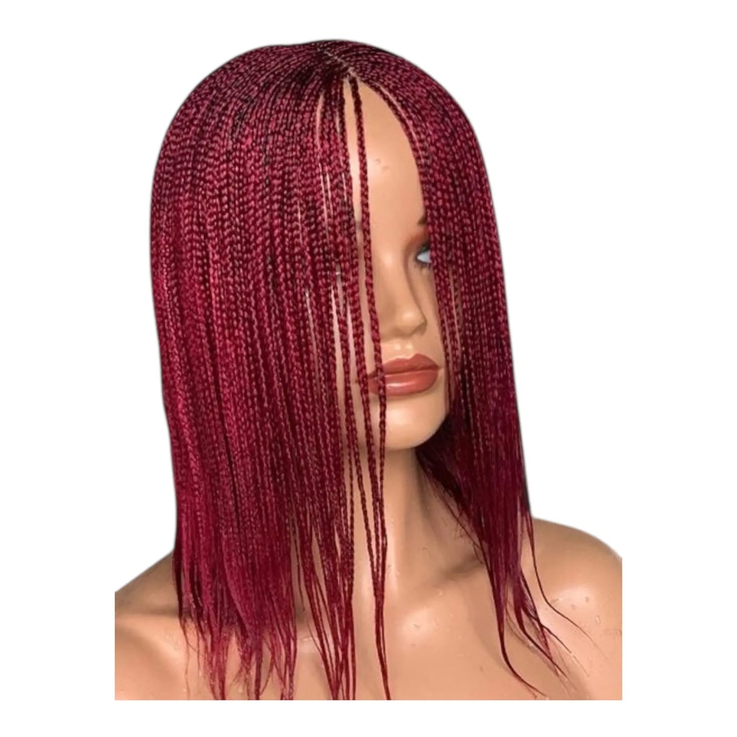Feather Braids wig in burgundy with natural hairline and pre-tinted lace, ready to wear