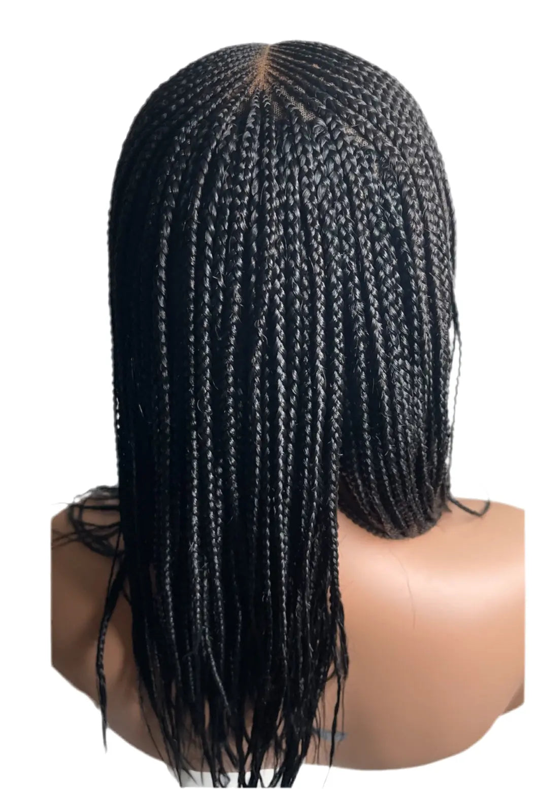 Center-part cornrow black wig with lightweight braids; wear-and-go, no lace cutting, lace pre-tinted.