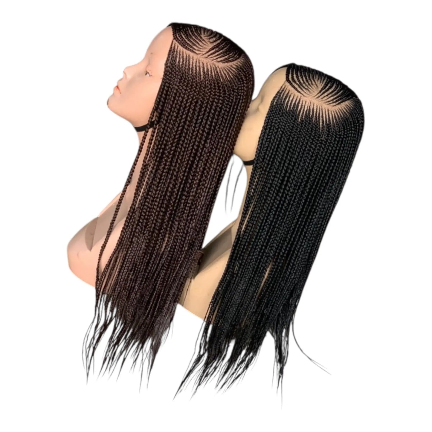Two C-Part cornrow wigs with long braids in brown and black, pre-tinted lace for lightweight wear-and-go.