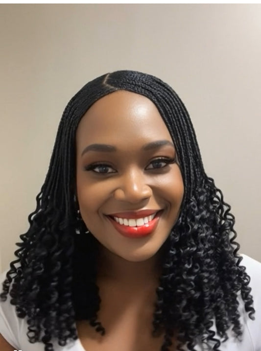 1B/ Black C Part Cornrow Wig With Curly Ends UUBRAIDEDWIGS