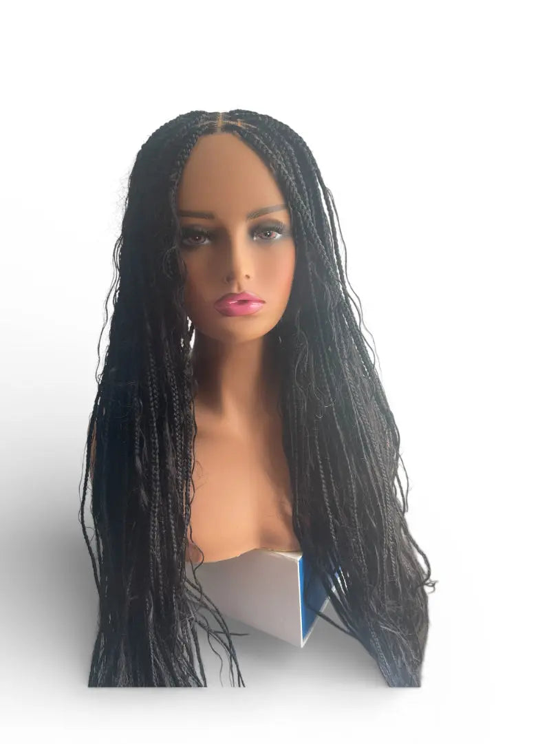Mannequin head wearing medium black human hair Boho Goddess braids, glueless and lightweight.