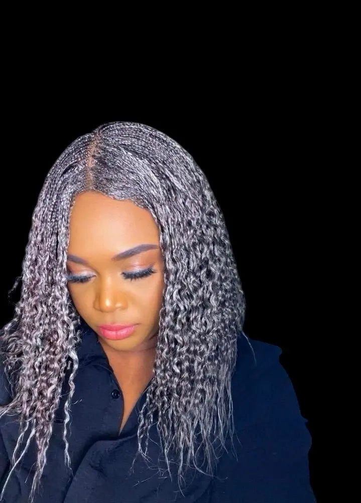 Micro Braids with Curls Grey Color UUBRAIDEDWIGS