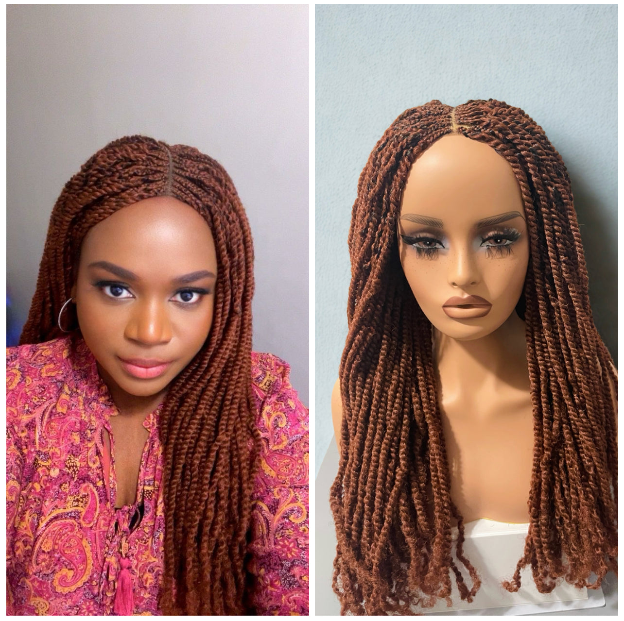 Kinky Twist wig in warm brown with pre-tinted lace for wear-and-go styling; no lace cutting needed.