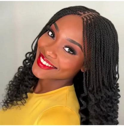 Box Braids With Curly Ends Lace Pre Tinted 18 Inch 1B Black Wig UUBRAIDEDWIGS