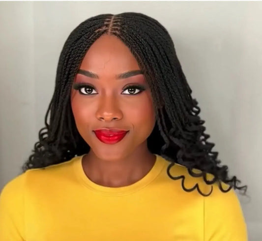 Box Braids With Curly Ends Lace Pre Tinted 18 Inch 1B Black Wig UUBRAIDEDWIGS