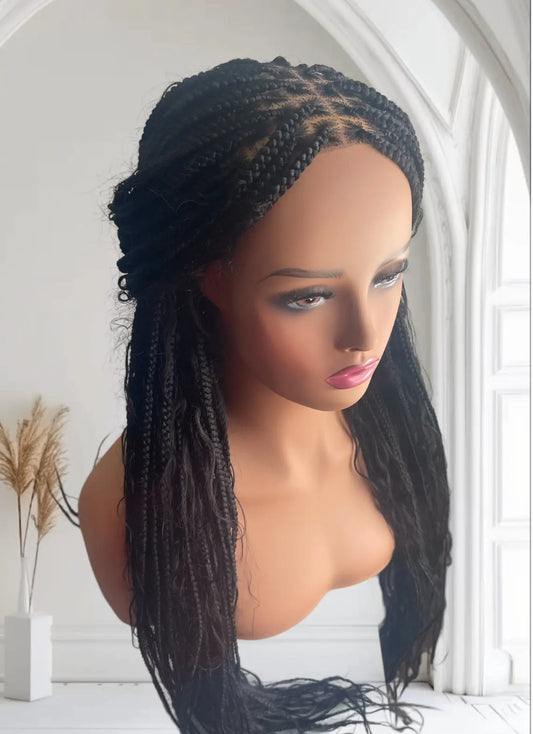 Mannequin head wearing medium-size black boho goddess human-hair braids; glueless, lightweight, easy wear.