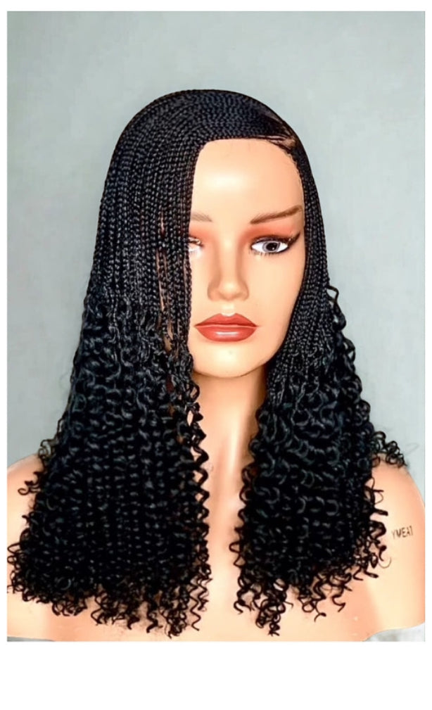 1B/ Black C Part Cornrow Wig With Curly Ends