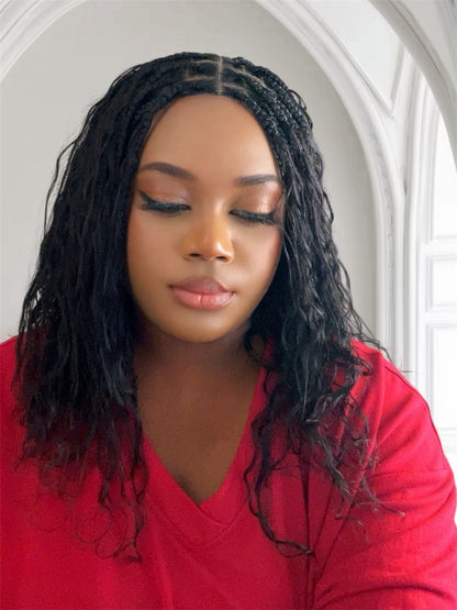 Woman wearing Boho Braids Black wig—lightweight, soft human-hair blend, wear-and-go style.