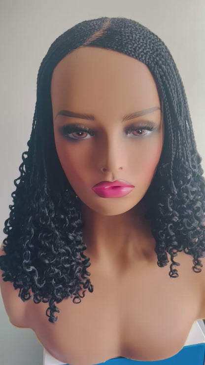 1B/ Black C Part Cornrow Wig With Curly Ends